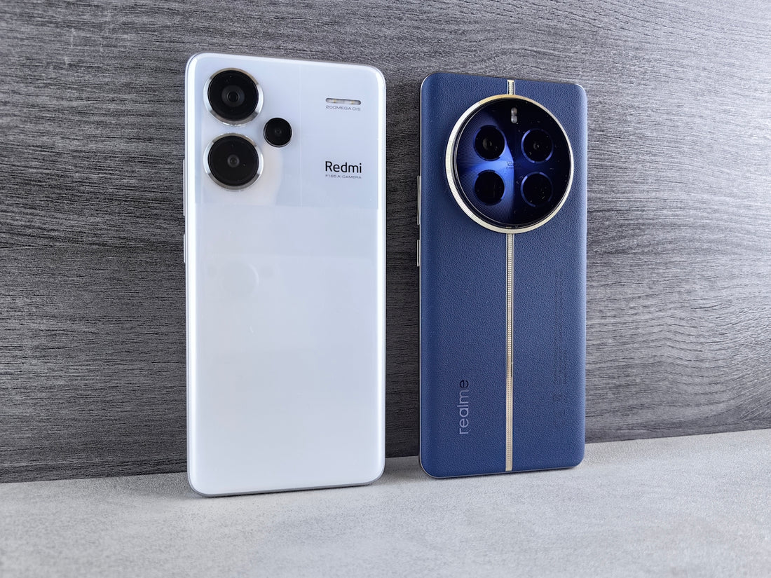 Two smartphones, white and blue, side by side.