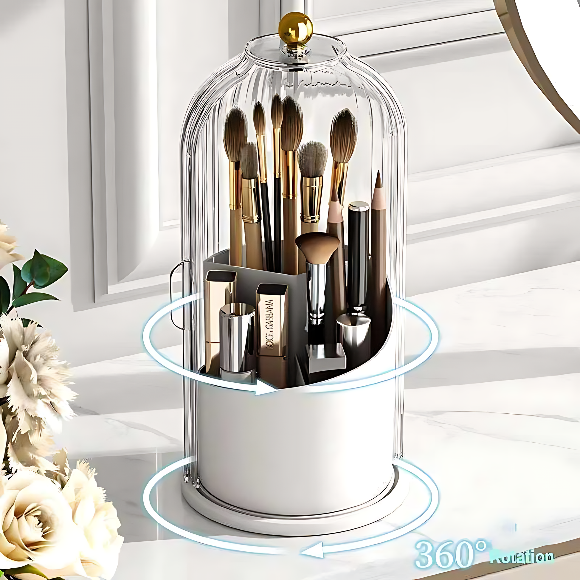 Luxury 360° Rotating Makeup Organizer -  Dustproof Cosmetic Holder with Lid for  Lipsticks, Eyebrow Pencils, and Eyeshadow Ezdore